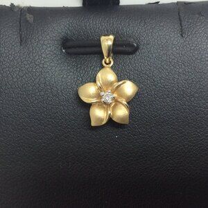 14K REAL SOLID YELLOW GOLD Plumeria Flower diamond charm pendant 1.3gr